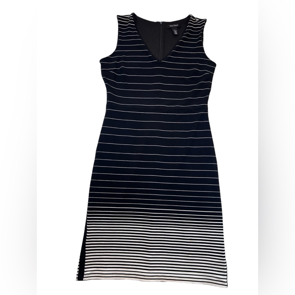 White House Black Market Navy & White Striped V‑Neck Midi Dress